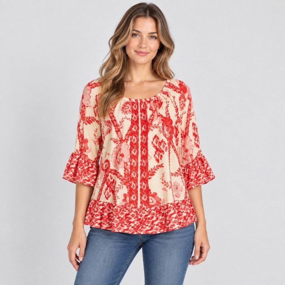 Style & Co Womens PM Red Floral Peasant Top Ruffle Bell Sleeve Boho Blouse